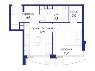 Планировка однокомнатной(квартира) площадью 42.12 квадратных метров в ЖК “ЖК Остров”