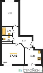 Планировка двухкомнатной(квартира) площадью 57.46 квадратных метров в ЖК “ЖК Домодедово Парк”