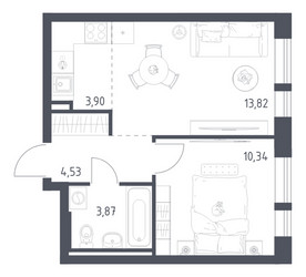 Планировка однокомнатной(квартира) площадью 36.46 квадратных метров в ЖК “ЖК Квартал Авиаторов”