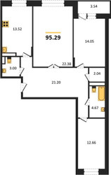Планировка трехкомнатной(квартира) площадью 95.29 квадратных метров в ЖК “ЖК Преображенская Площадь”