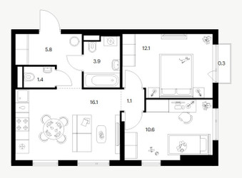 Планировка двухкомнатной(квартира) площадью 51.2 квадратных метров в ЖК “Ярославский квартал”