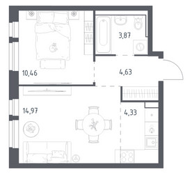 Планировка однокомнатной(квартира) площадью 38.26 квадратных метров в ЖК “ЖК Квартал Авиаторов”
