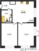 Планировка двухкомнатной(квартира) площадью 50.9 квадратных метров в “ЖК Foreville (Форевилль)”