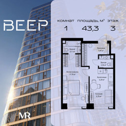 Планировка однокомнатной(квартира) площадью 43.28 квадратных метров в ЖК “ЖК Веер”