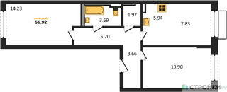 Планировка двухкомнатной(квартира) площадью 56.92 квадратных метров в “ЖК Рублевский Квартал”