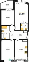 Планировка трехкомнатной(квартира) площадью 74.99 квадратных метров в “ЖК Sezar City (Сезар Сити)”