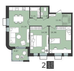 Планировка двухкомнатной(квартира) площадью 74.71 квадратных метров в ЖК “ЖК Мишино-2”