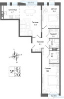 Планировка трехкомнатной(квартира) площадью 77.9 квадратных метров в “ЖК КИНОКВАРТАЛ”