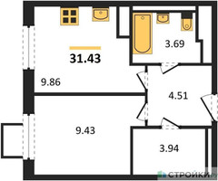 Планировка однокомнатной(квартира) площадью 31.6 квадратных метров в “ЖК Горки Парк”