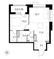 Планировка двухкомнатной(квартира) площадью 45.3 квадратных метров в “ЖК 1-й Саларьевский (Первый Саларьевский)”