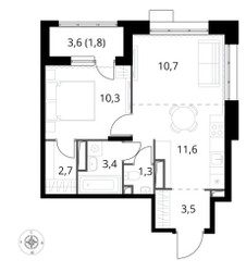 Планировка двухкомнатной(квартира) площадью 45.3 квадратных метров в ЖК “ЖК 1-й Саларьевский (Первый Саларьевский)”