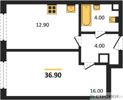 Планировка однокомнатной(квартира) площадью 36.9 квадратных метров в “ЖК Соколинн Парк”