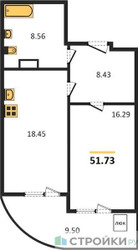 Планировка однокомнатной(квартира) площадью 51.73 квадратных метров в ЖК “ЖК Дом‐Мегалит в Королёве”