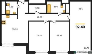 Планировка трехкомнатной(квартира) площадью 92.4 квадратных метров в “ЖК Self (Селф)”