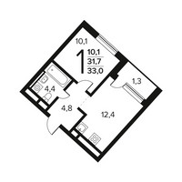 Планировка однокомнатной(квартира) площадью 33 квадратных метров в “Новые Ватутинки. Заречный”