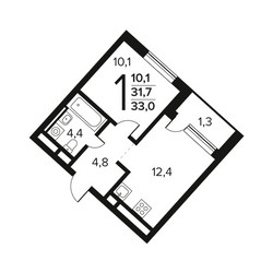 Планировка однокомнатной(квартира) площадью 33 квадратных метров в ЖК “Новые Ватутинки. Заречный”