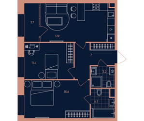 Планировка трехкомнатной(квартира) площадью 62.9 квадратных метров в ЖК “Квартал Эра”