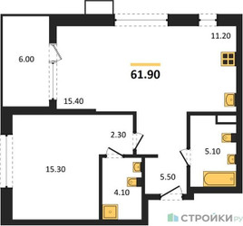Планировка однокомнатной(квартира) площадью 61.9 квадратных метров в ЖК “ЖК Дзен-кварталы”