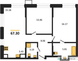 Планировка двухкомнатной(квартира) площадью 67.3 квадратных метров в ЖК “ЖК EvoPark Сокольники”