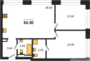 Планировка двухкомнатной(квартира) площадью 64.3 квадратных метров в ЖК “ЖК Wave (Вейв)”