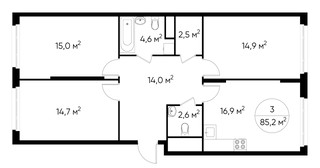 Планировка трехкомнатной(квартира) площадью 85.2 квадратных метров в “ЖК Переделкино Ближнее”