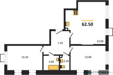 Планировка двухкомнатной(квартира) площадью 62.2 квадратных метров в ЖК “ЖК Лучи-2”