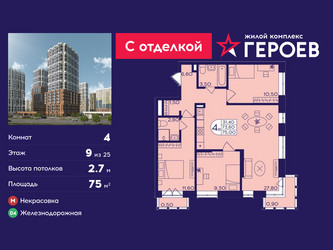 Планировка 4+ комнатной(квартира) площадью 75 квадратных метров в ЖК “ЖК Героев”