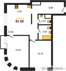 Планировка двухкомнатной(квартира) площадью 61.5 квадратных метров в ЖК “ЖК УНО Соколиная гора”