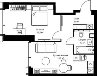 Планировка однокомнатной(квартира) площадью 42.7 квадратных метров в ЖК “ЖК Веер”