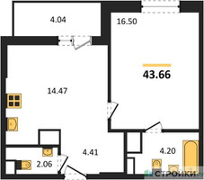 Планировка однокомнатной(квартира) площадью 43.66 квадратных метров в “ЖК Светлый мир Станция Л”