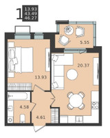 Планировка однокомнатной(квартира) площадью 46.27 квадратных метров в “ЖК Мишино-2”