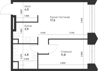 Планировка однокомнатной(квартира) площадью 42 квадратных метров в ЖК “ЖК Войс”