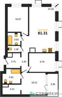 Планировка трехкомнатной(квартира) площадью 81.31 квадратных метров в “ЖК Квартал Тетрис”