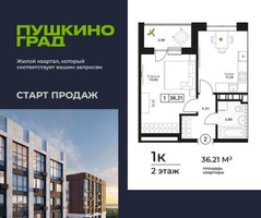 Планировка однокомнатной(квартира) площадью 36.21 квадратных метров в “ЖК Пушкино Град”