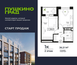 Планировка однокомнатной(квартира) площадью 36.21 квадратных метров в ЖК “ЖК Пушкино Град”