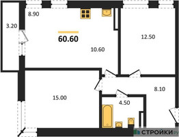 Планировка двухкомнатной(квартира) площадью 60.6 квадратных метров в “ЖК Родные кварталы”