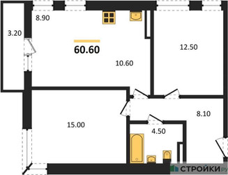 Планировка двухкомнатной(квартира) площадью 60.6 квадратных метров в ЖК “ЖК Родные кварталы”
