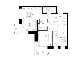 Планировка двухкомнатной(квартира) площадью 53.8 квадратных метров в ЖК “ЖК Строгино 360”