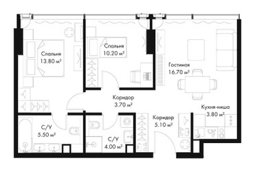 Планировка двухкомнатной(квартира) площадью 62.8 квадратных метров в ЖК “ЖК Слава”