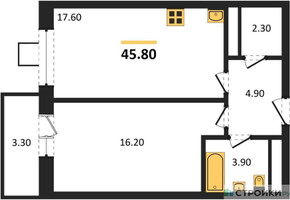 Планировка однокомнатной(квартира) площадью 45.8 квадратных метров в “ЖК Идеал”