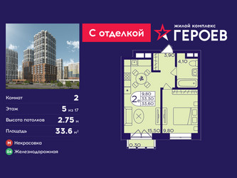 Планировка двухкомнатной(квартира) площадью 33.6 квадратных метров в ЖК “ЖК Героев”
