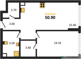 Планировка однокомнатной(квартира) площадью 50.9 квадратных метров в “ЖК А22”