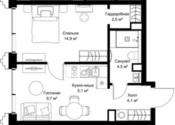 Планировка однокомнатной(квартира) площадью 40.3 квадратных метров в ЖК “ЖК СЕТ”