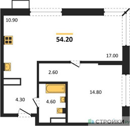 Планировка однокомнатной(квартира) площадью 54.2 квадратных метров в ЖК “ЖК Дзен-кварталы”