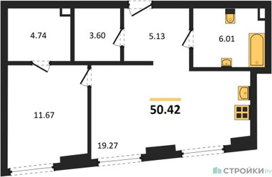 Планировка однокомнатной(квартира) площадью 50.42 квадратных метров в ЖК “ЖК Гранд Фили”