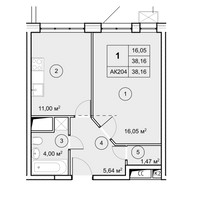 Планировка однокомнатной(квартира) площадью 38.16 квадратных метров в “ЖК Экоград Новый Катуар”