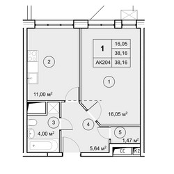Планировка однокомнатной(квартира) площадью 38.16 квадратных метров в ЖК “ЖК Экоград Новый Катуар”