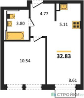 Планировка однокомнатной(квартира) площадью 32.83 квадратных метров в “ЖК Квартал Строгино”