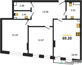 Планировка двухкомнатной(квартира) площадью 69.2 квадратных метров в ЖК “ЖК Эльйон”