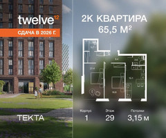 Планировка двухкомнатной(квартира) площадью 65.5 квадратных метров в “ЖК Твелв”